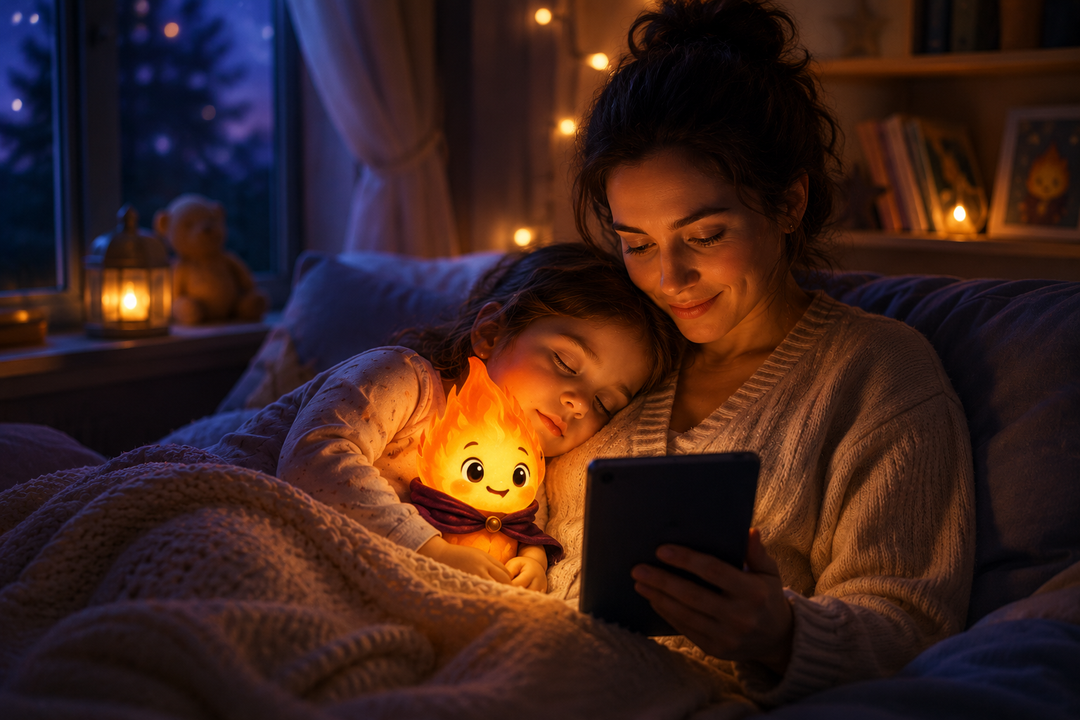 A parent and sleepy child cuddled under cozy blankets, a glowing Ember companion between them, sharing a bedtime story on a tablet
