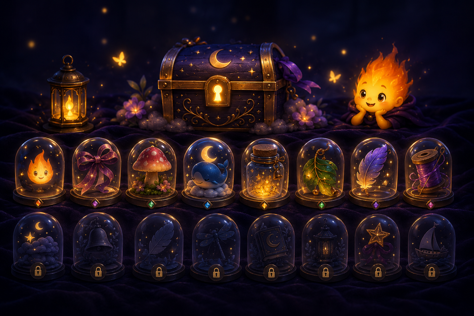 Magical bedtime collectibles — glowing lanterns, star charms, ribbons, map fragments, and tiny luminous treasures earned through the Little Ember story worlds